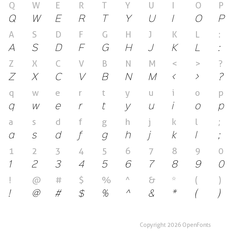 Character Map of Sinkin Sans 200 X Light Italic
