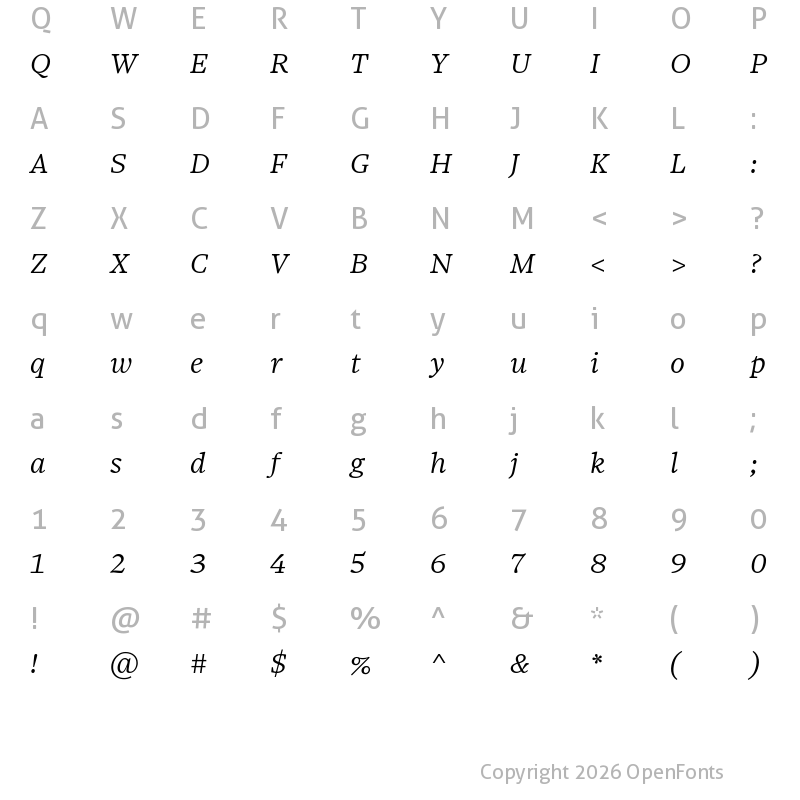 Character Map of Sole Serif Small Caption Light Italic
