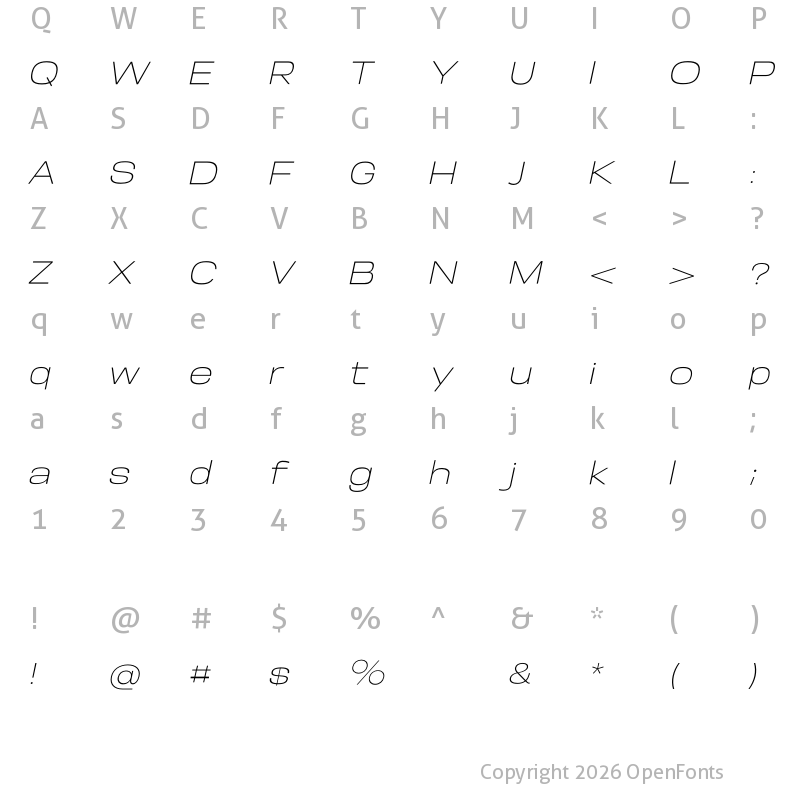 Character Map of Somar Sans ExtraLight Expanded Italic