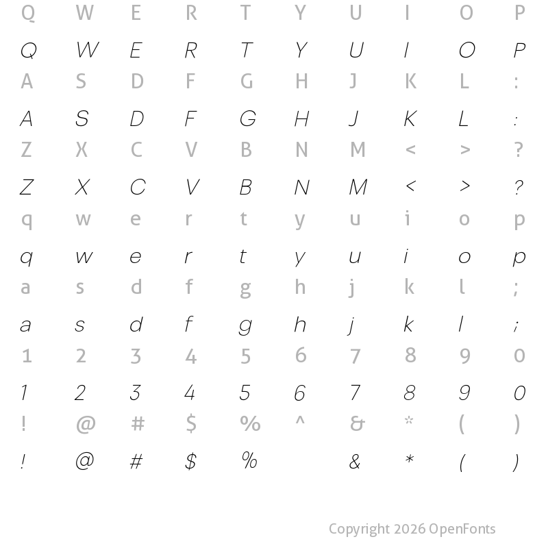 Character Map of Somar Sans ExtraLight Italic