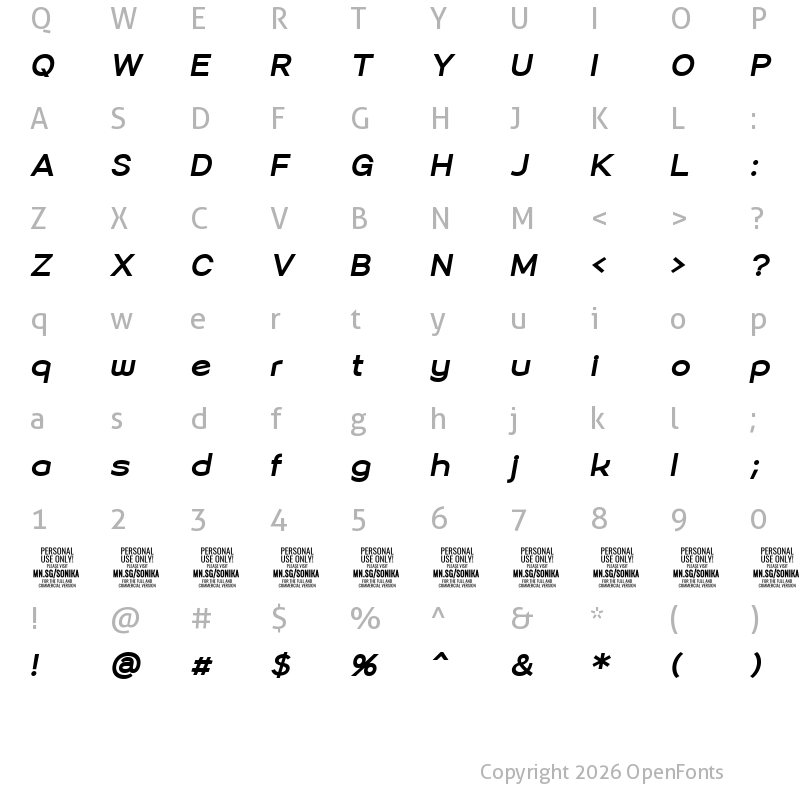 Character Map of Sonika PERSONAL USE Bold Italic