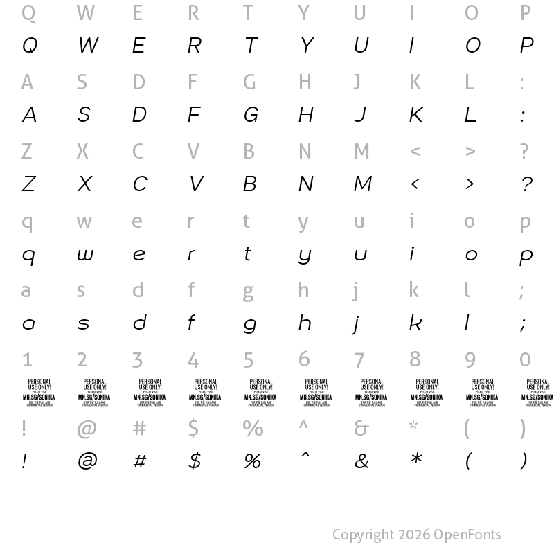 Character Map of Sonika PERSONAL USE Light Italic