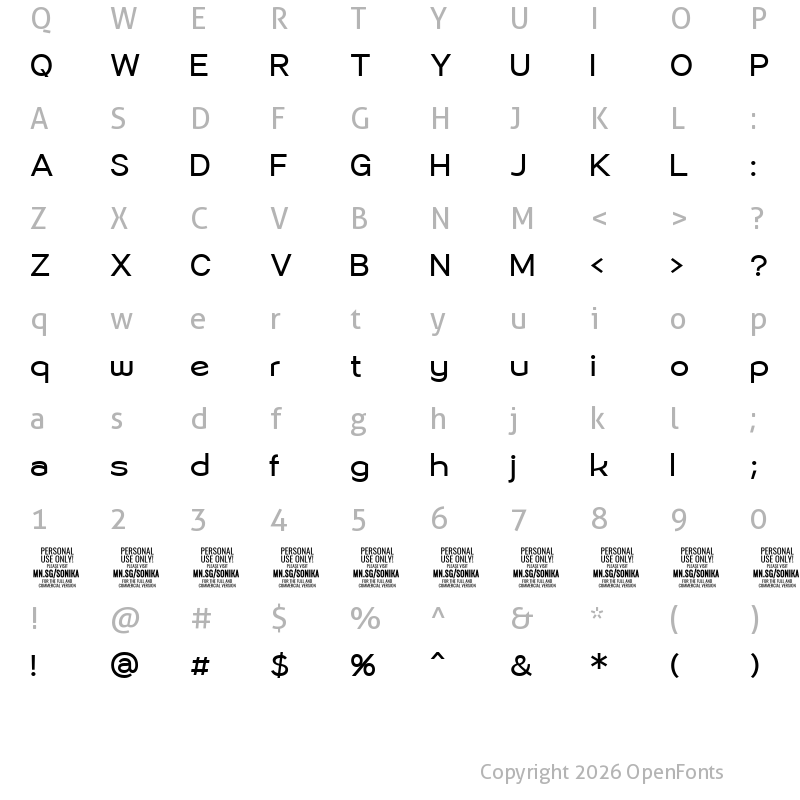 Character Map of Sonika PERSONAL USE Regular