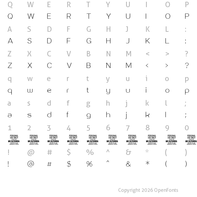 Character Map of Sonika PERSONAL USE Thin