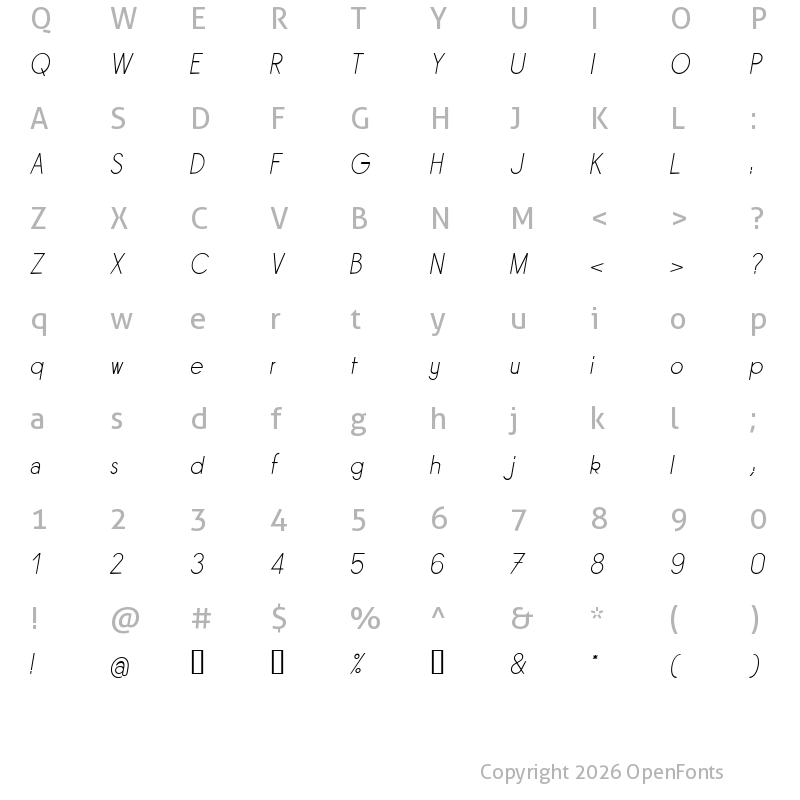 Character Map of Sornette Light Italique