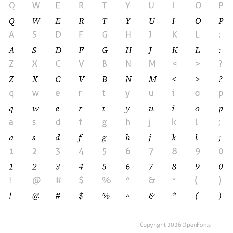 Character Map of Source Serif 4 SmText Italic
