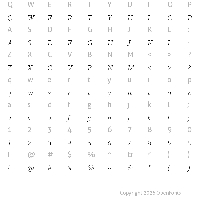 Character Map of Source Serif Pro Light Italic
