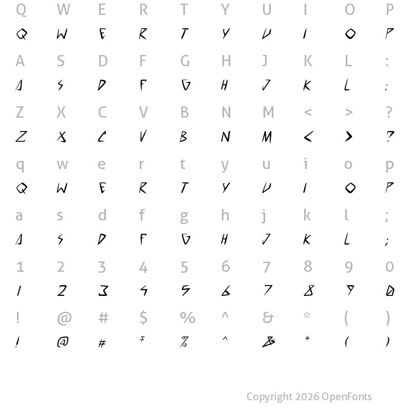 Character Map of space punk Italic