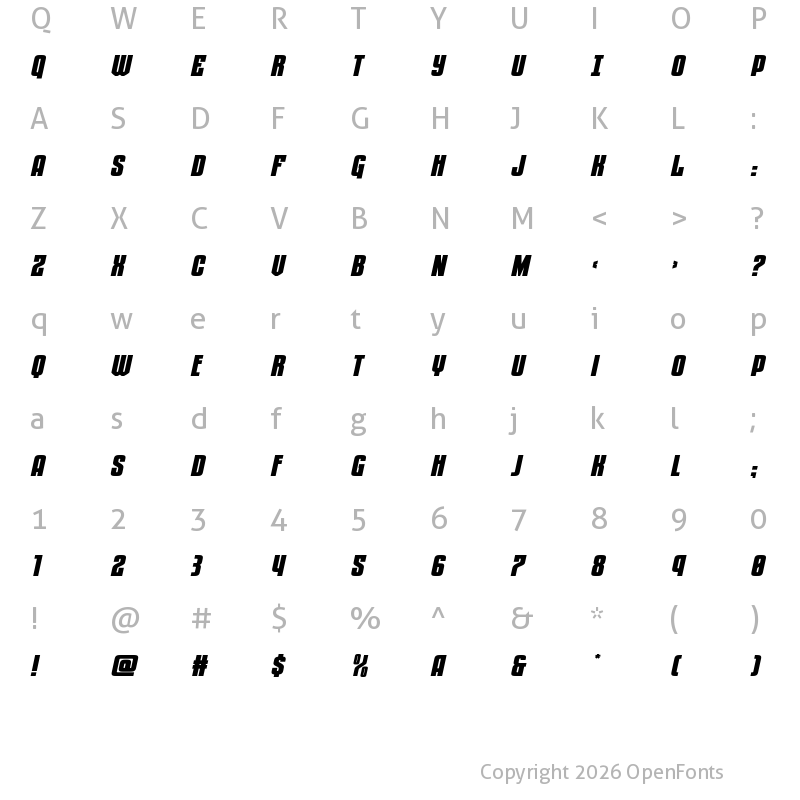 Character Map of Special Agent Expanded Italic Regular