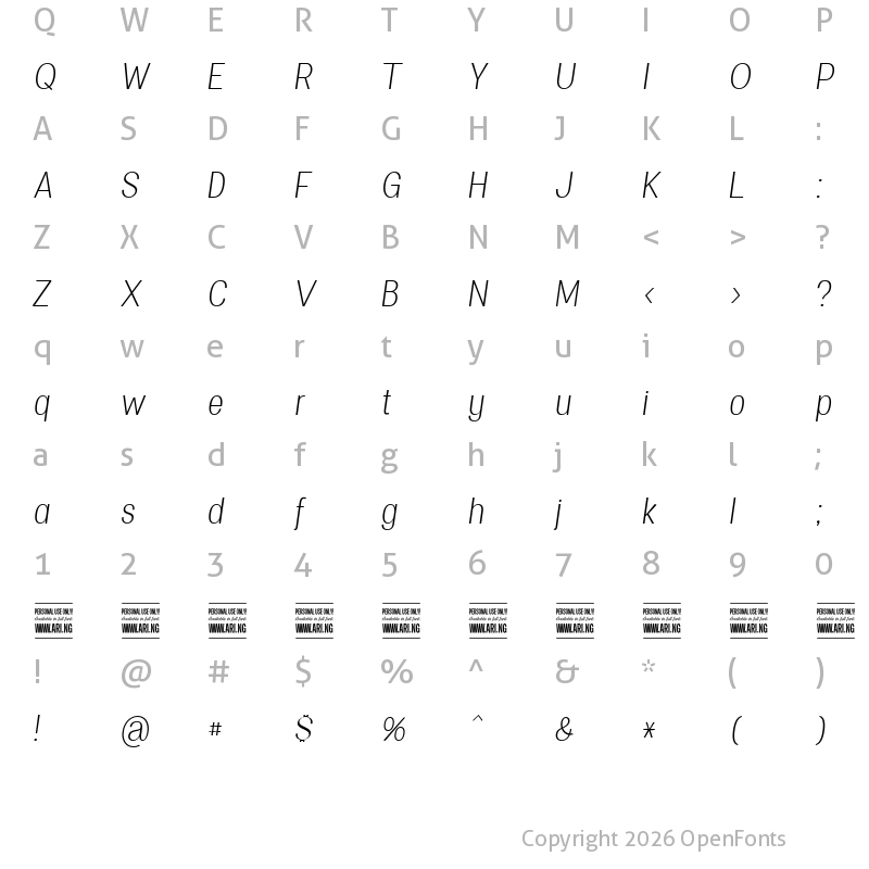 Character Map of Specify PERSONAL Condensed Light Italic