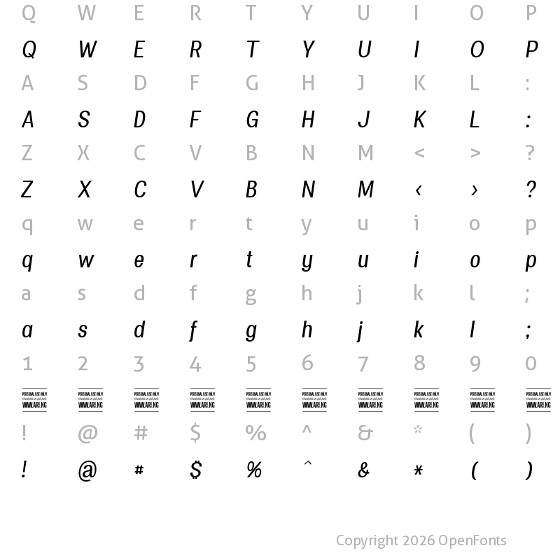Character Map of Specify PERSONAL Condensed Medium Italic