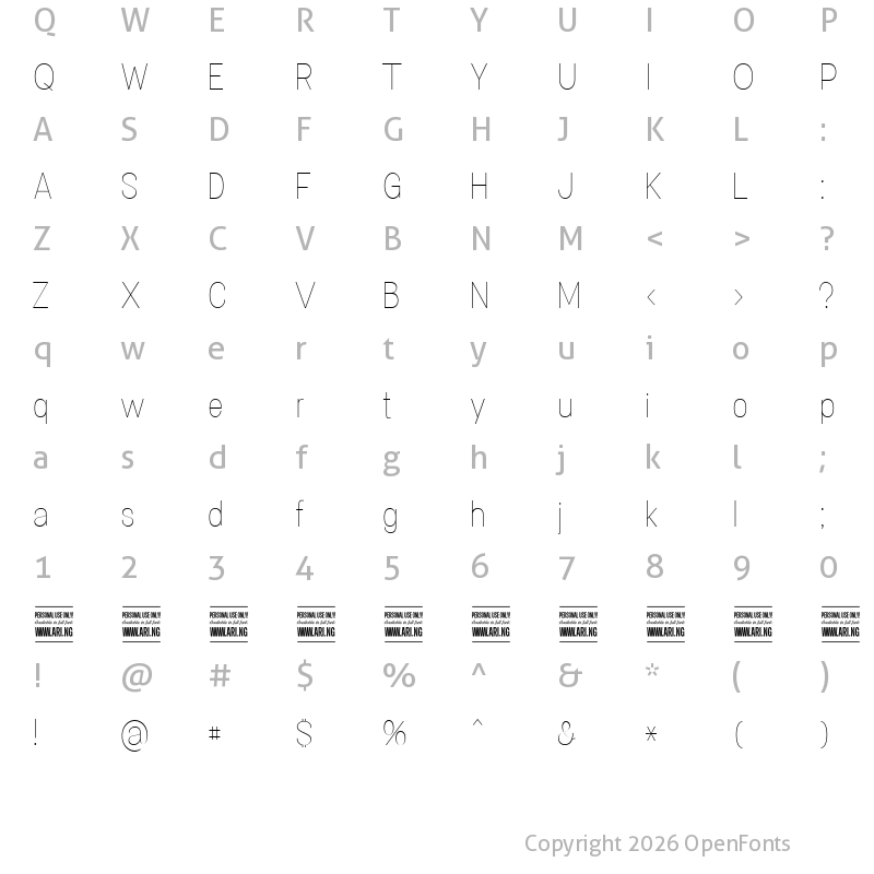 Character Map of Specify PERSONAL Condensed Thin