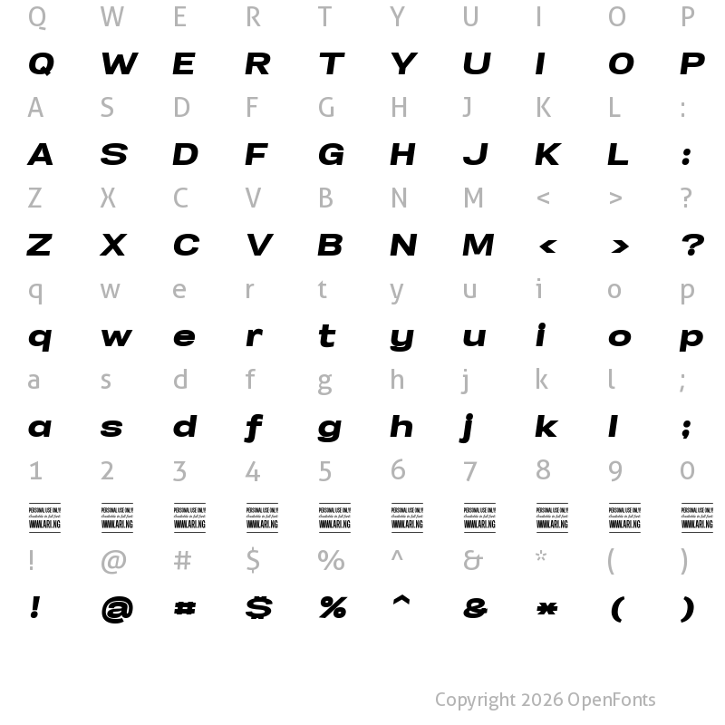 Character Map of Specify PERSONAL Expanded Black Italic
