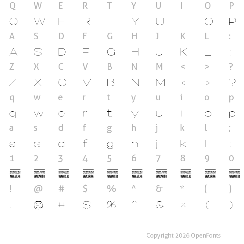 Character Map of Specify PERSONAL Expanded Thin