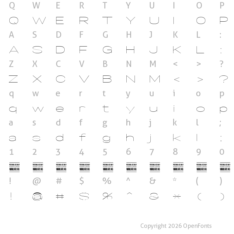 Character Map of Specify PERSONAL Extraexpanded Thin