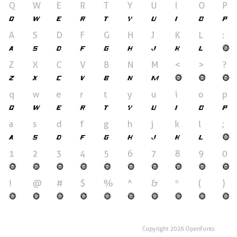 Character Map of Speed Attack Demo Italic