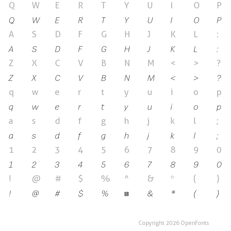Character Map of SpiegelSans Trial ExtraLight Italic