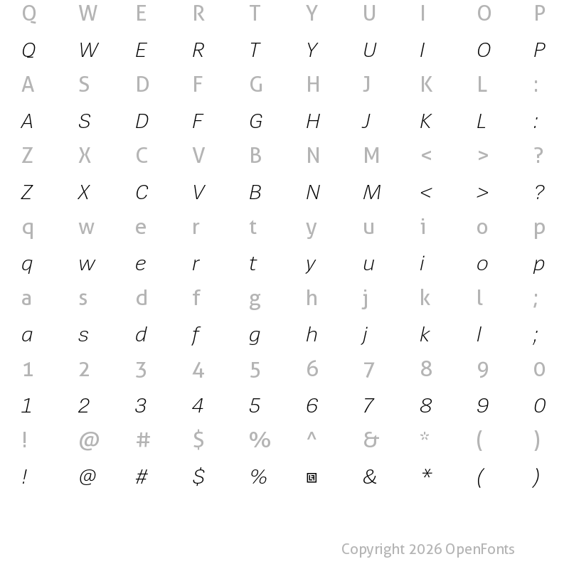 Character Map of SpiegelSans Trial Light Italic