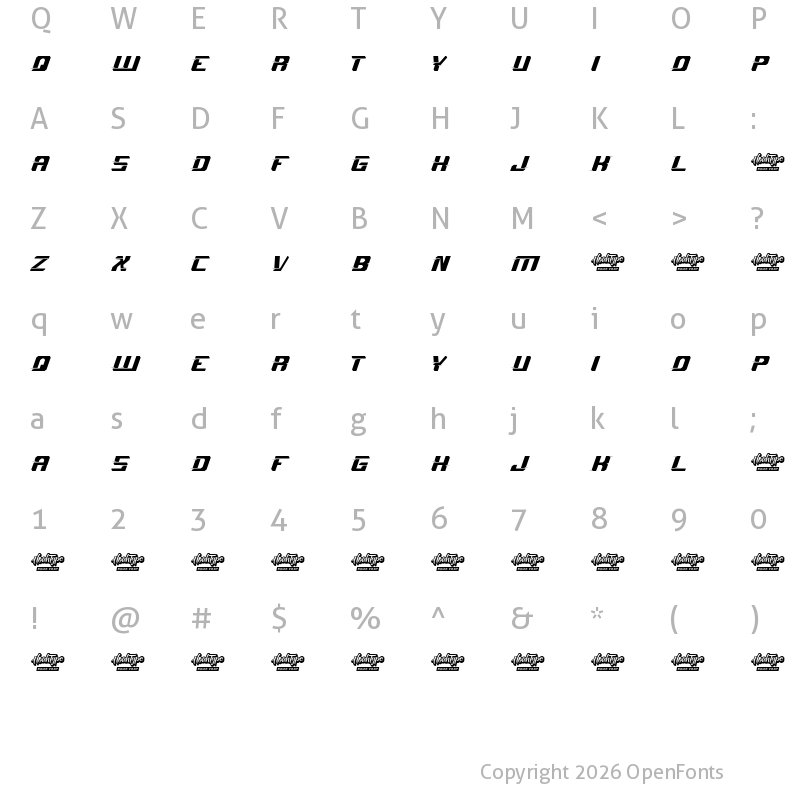 Character Map of Sprint Race Demo Italic