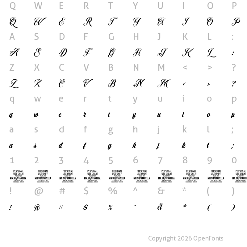 Character Map of Starella Script PERSONAL USE Regular