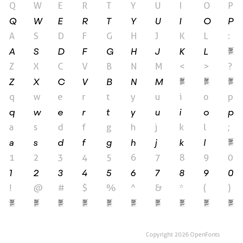 Character Map of Steradian TRIAL Regular Italic