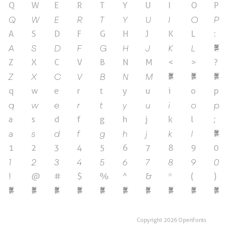 Character Map of Steradian TRIAL Thin Italic