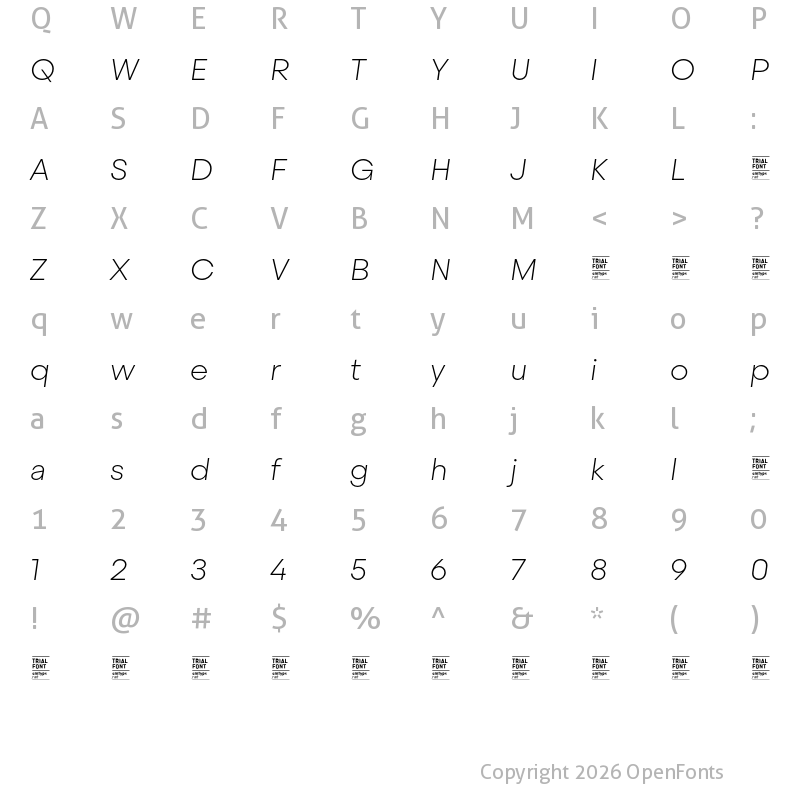 Character Map of Steradian TRIAL UltraLight Italic