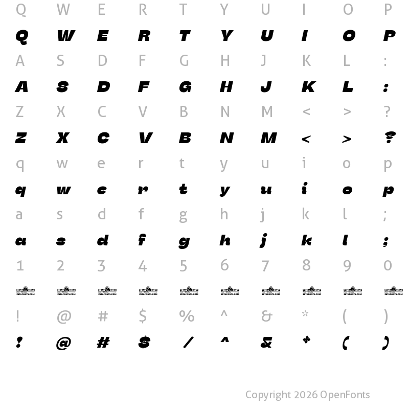Character Map of Stinger Fit Trial Heavy Italic