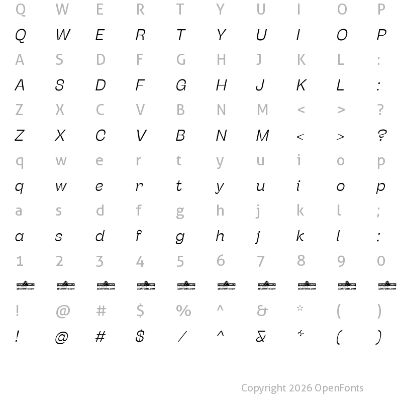 Character Map of Stinger Fit Trial Light Italic