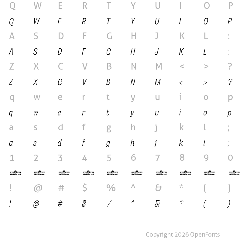 Character Map of Stinger Slim Trial Light Italic