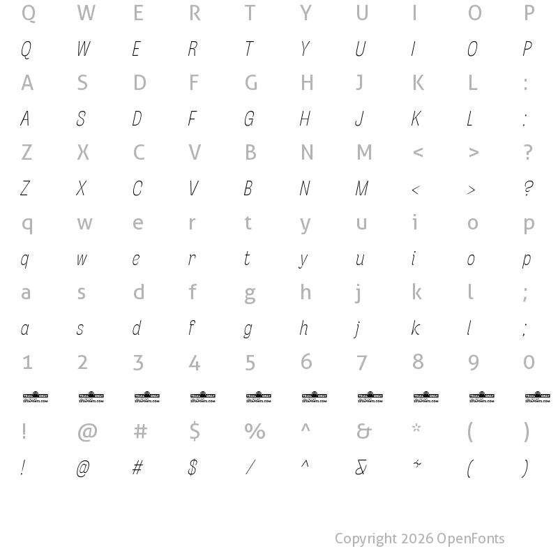 Character Map of Stinger Slim Trial Thin Italic
