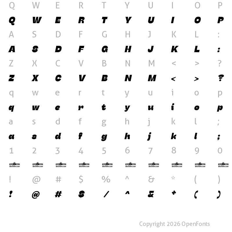 Character Map of Stinger Trial Heavy Italic