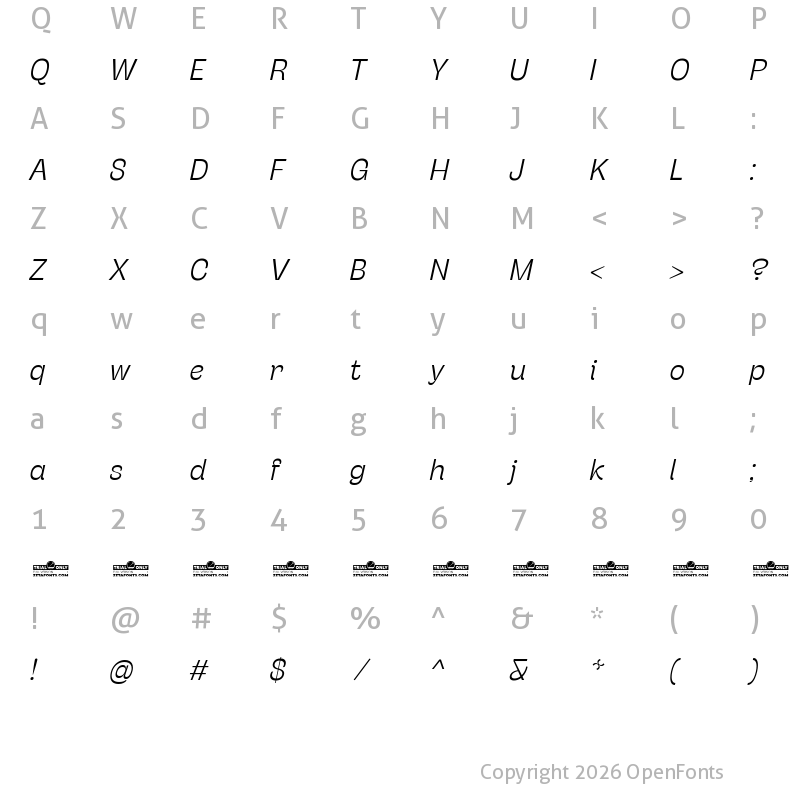 Character Map of Stinger Trial Light Italic