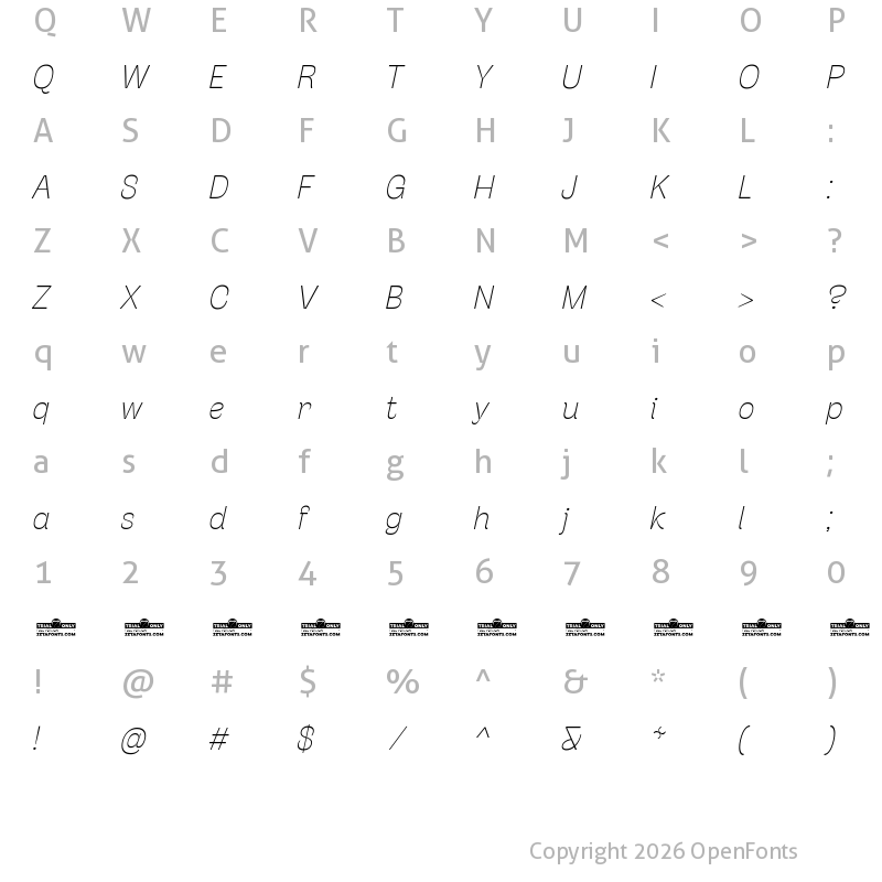 Character Map of Stinger Trial Thin Italic