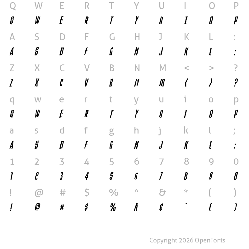 Character Map of Stranger Danger Expanded Italic Expanded Italic