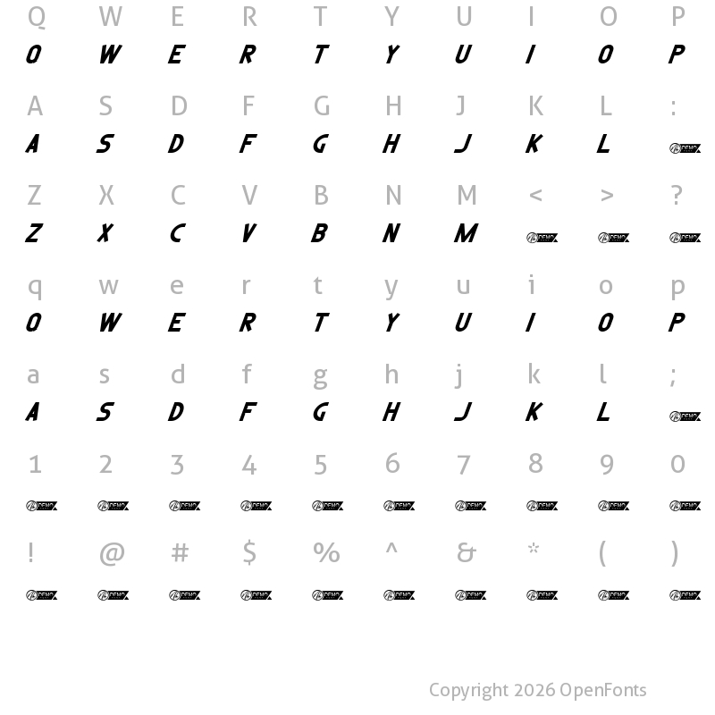 Character Map of Street Racing Demo Italic