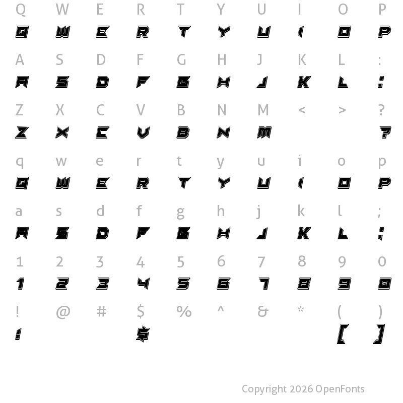 Character Map of Suggested 3D Filled Italic