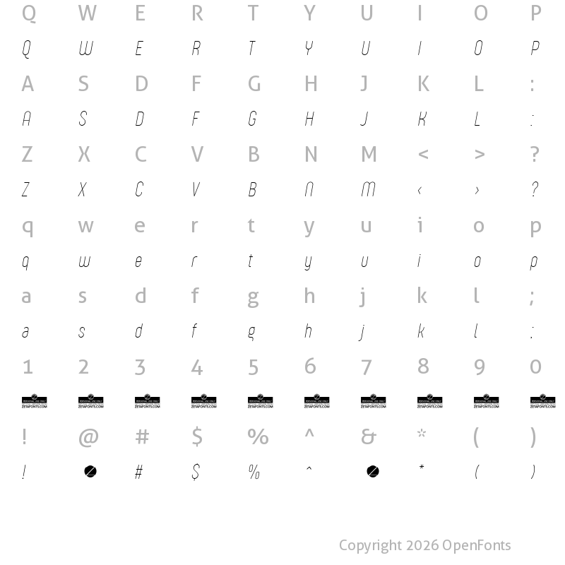 Character Map of Sugo Pro Display Trial Thin Italic