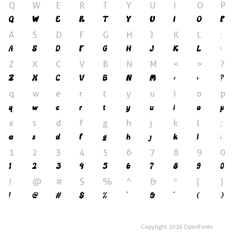 Character Map of Sunday Milk Italic