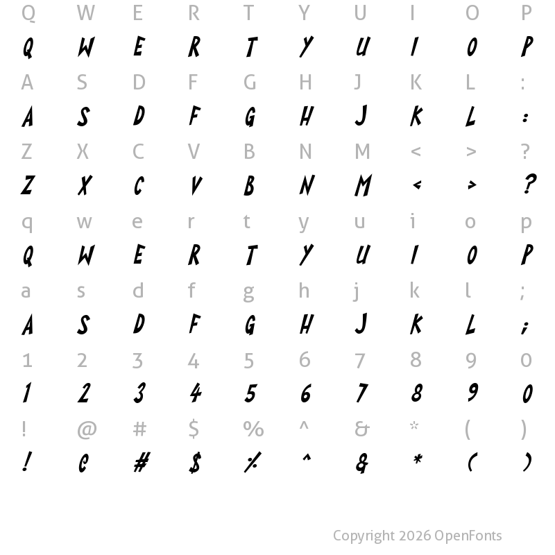 Character Map of Super Toons Italic