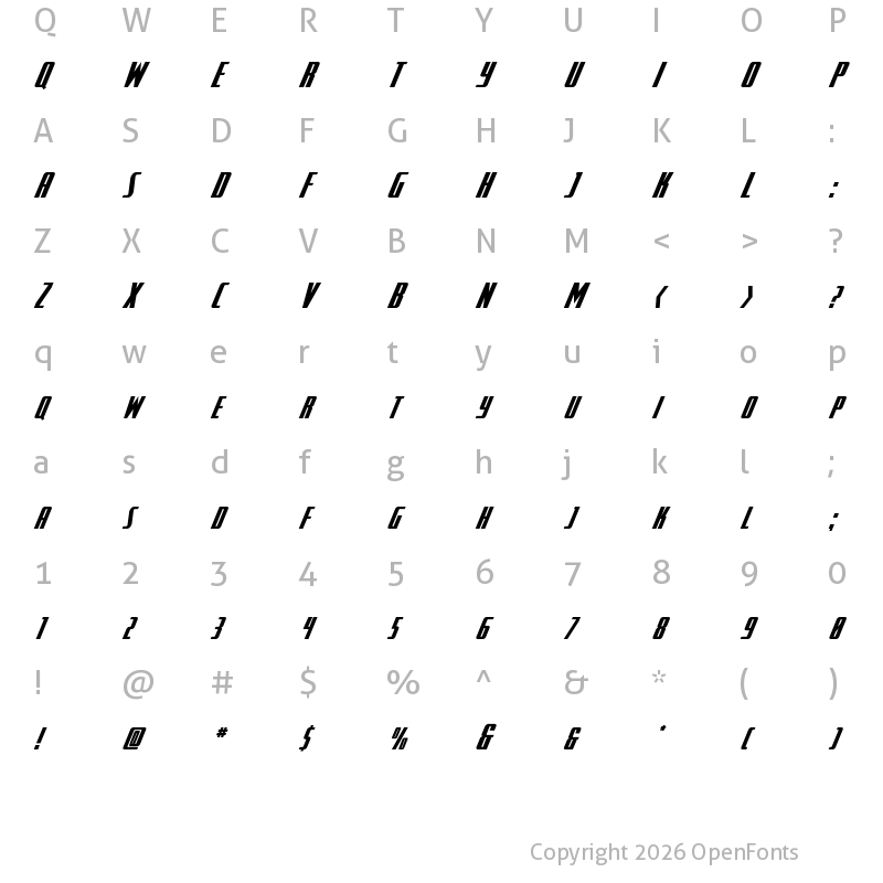 Character Map of SurfQuest Italic Regular
