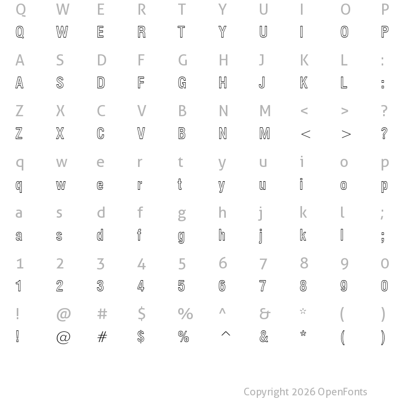 Character Map of Swis721 BdOul BT  Outline Condensed