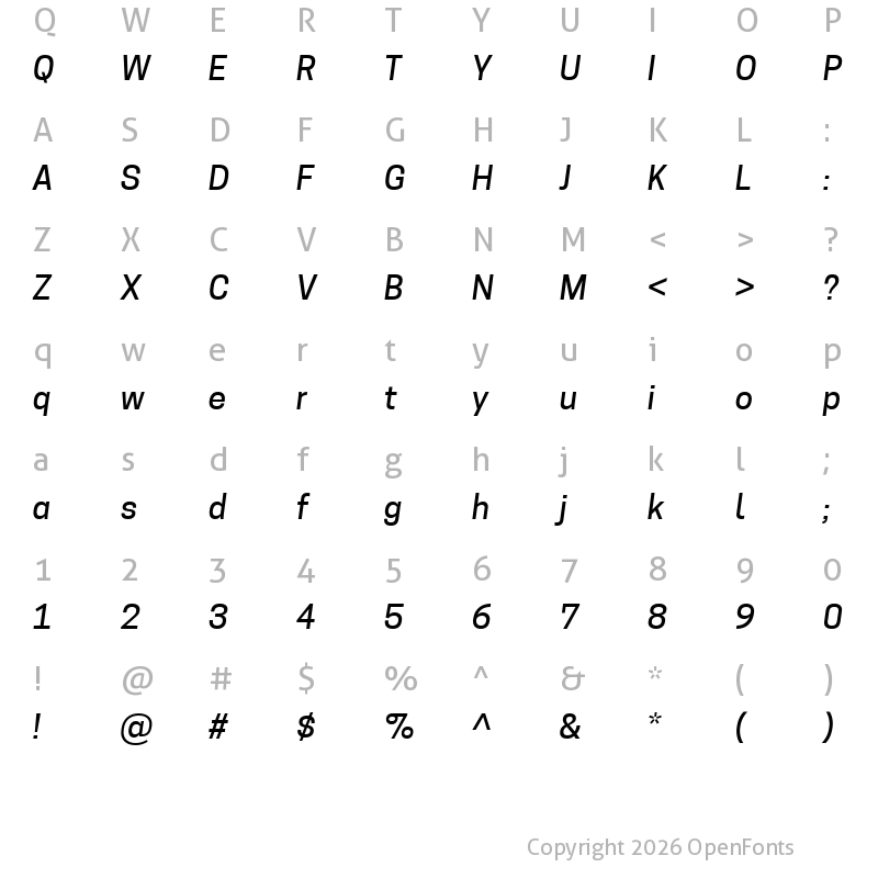 Character Map of Tanohe Sans Medium Italic
