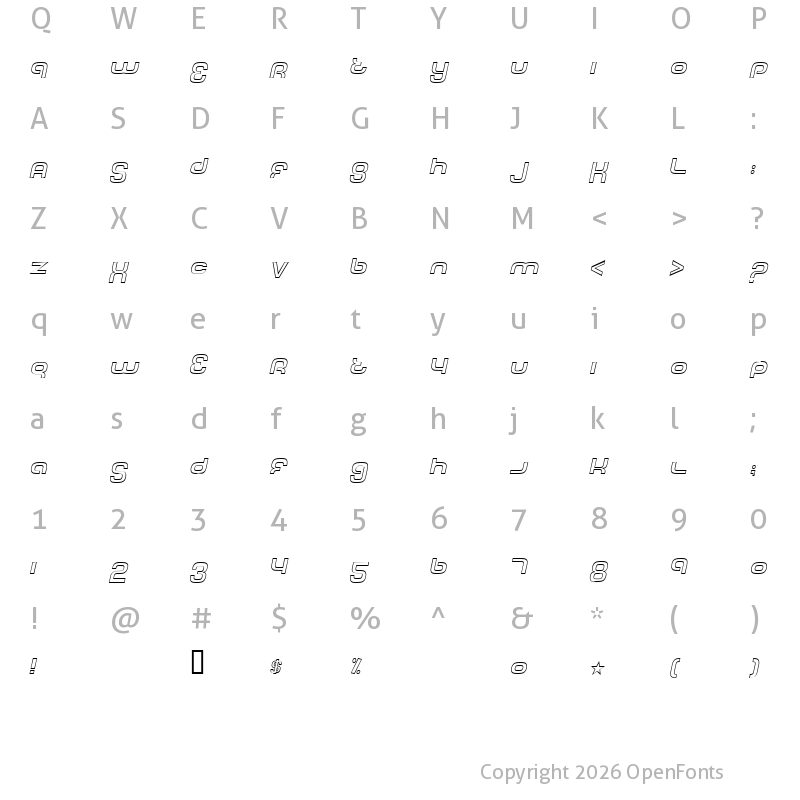 Character Map of Tech Font Outline Italic