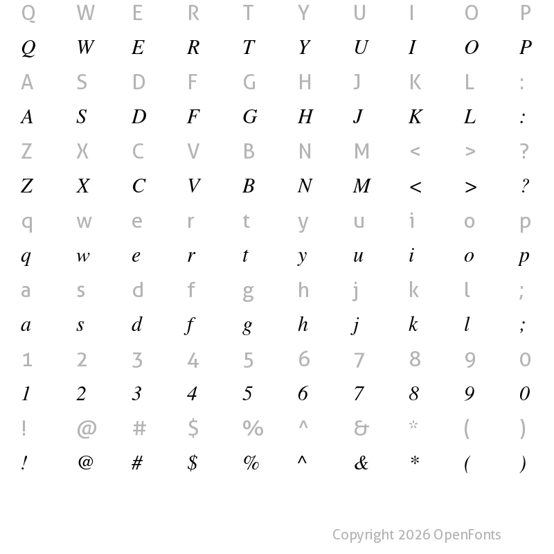 Character Map of Tempora LGC Uni Italic