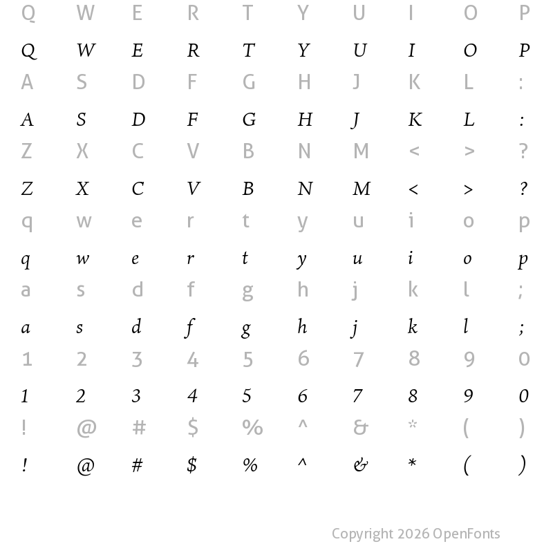 Character Map of Ten Oldstyle VF Italic