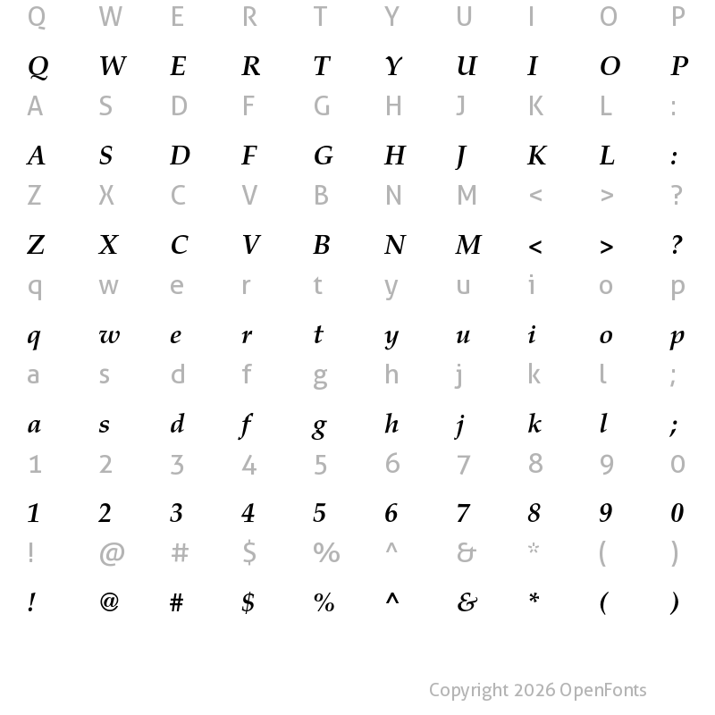 Character Map of TeX Gyre Pagella Bold Italic