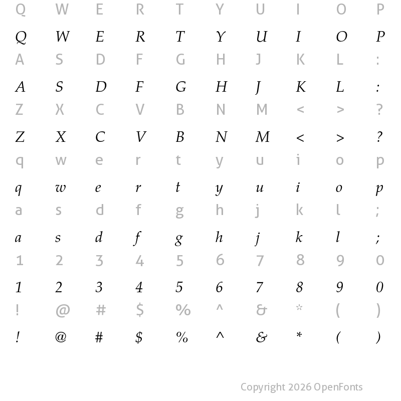 Character Map of TeX Gyre Pagella Italic