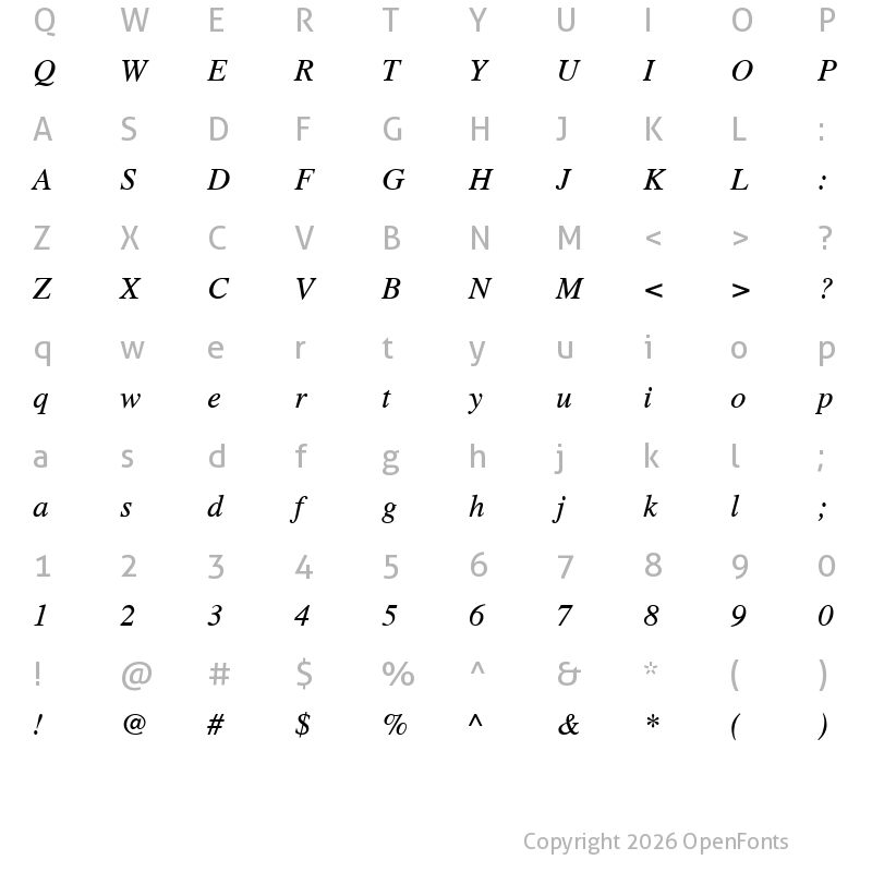 Character Map of TGRoman Italic