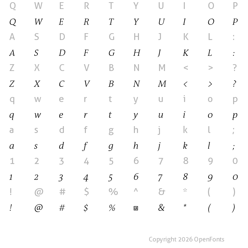 Character Map of TheAntiquaB Trial W3 Light Italic